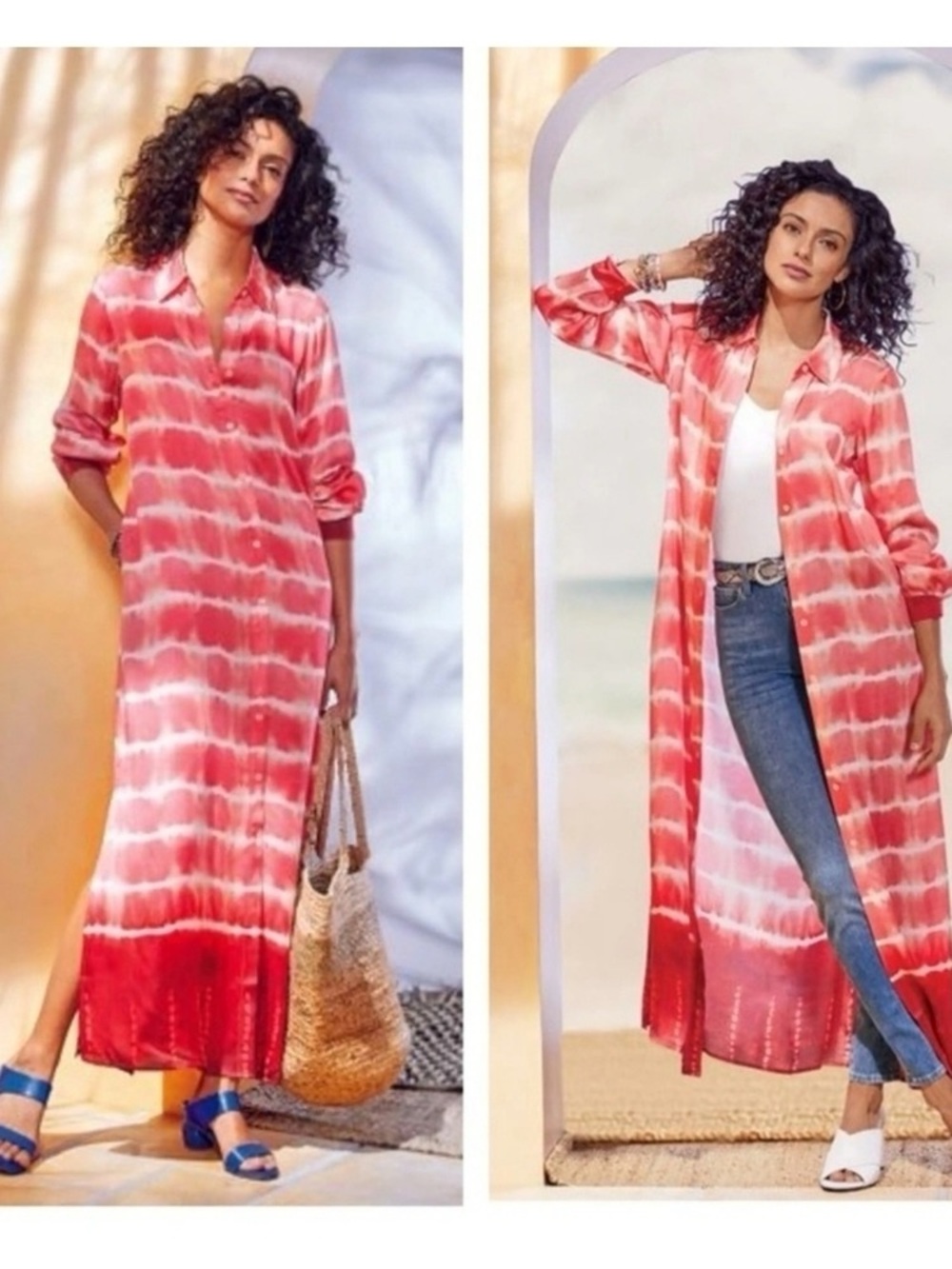 Soft Surroundings‎ Red and White Tie-Dye Maxi Shirt Dress